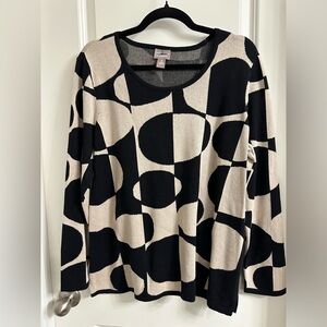 Chico’s Dot Jacquard Long Sleeve Top Size 3 Scoop Neck Pullover Khaki/ Black